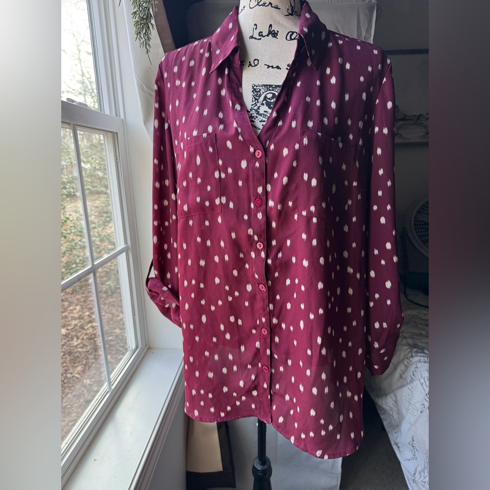 Fortune Ivy Shirt Womens XXL Burgundy Purple Polkadot Blouse 3/4 Sleeve